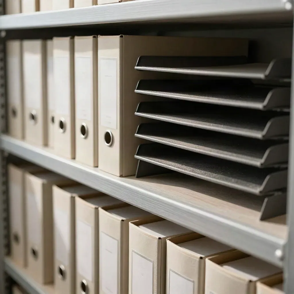 Archivadores cerrados y bandejas vacías en una oficina luminosa y ordenada.