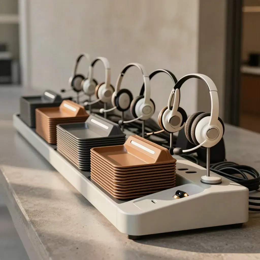 Estación de atención con auriculares, bandejas y módulos alineados en una oficina oscura y elegante.