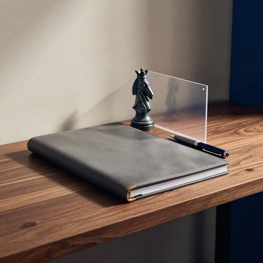 Folio gris, piezas de ajedrez y bolígrafo sobre madera, con luz dramática.