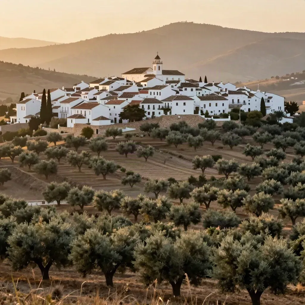 Pueblo blanco andaluz sobre colinas de olivos, con luz cálida de atardecer.